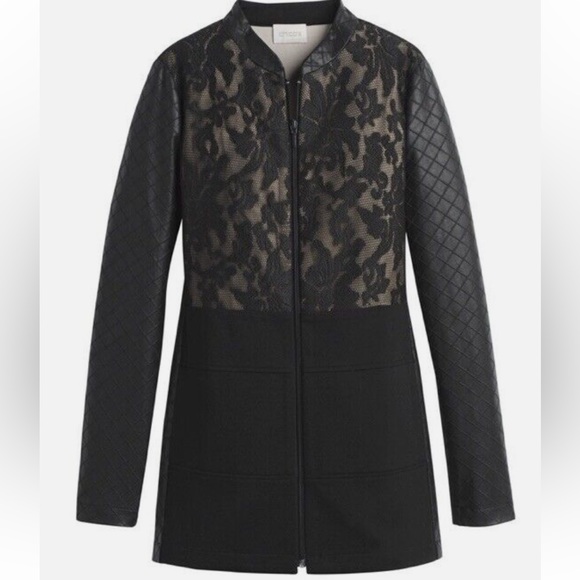 Chico’s black lace and faux leather zip front pointe jacket. Chico’s 2 (Large) - Picture 1 of 13